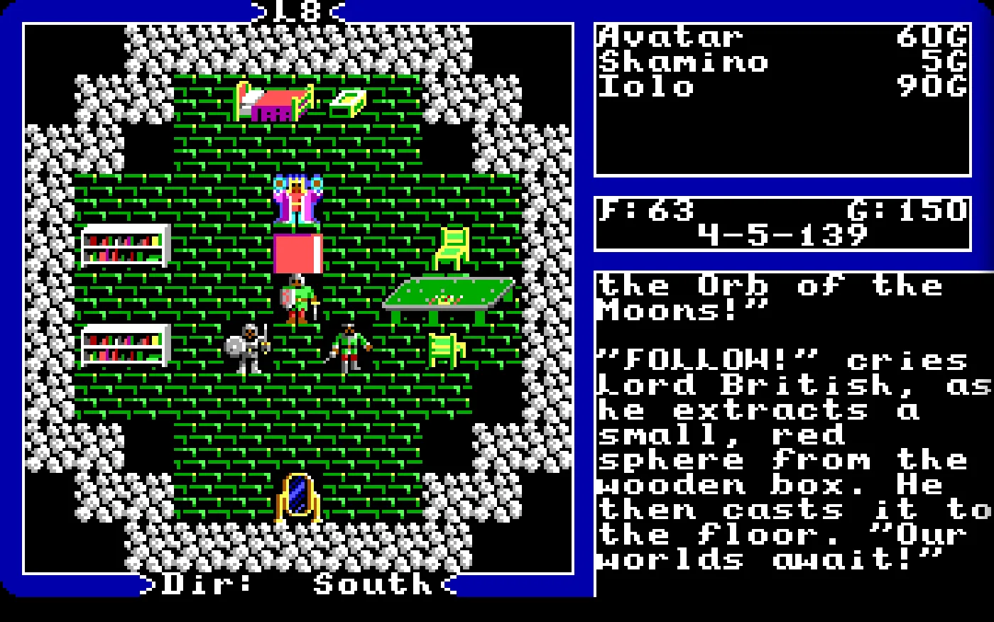 El desenlace corriendo en OpenU5: la celda de Lord British en el octavo piso de Doom, con el suelo re-teñido de verde, Lord British en pie junto al trono y el grupo delante. El panel de texto dice «FOLLOW!» cries Lord British, as he extracts a small, red sphere from the wooden box. «Our worlds await!». Ninguna prueba automática compara esta pantalla con la del original.