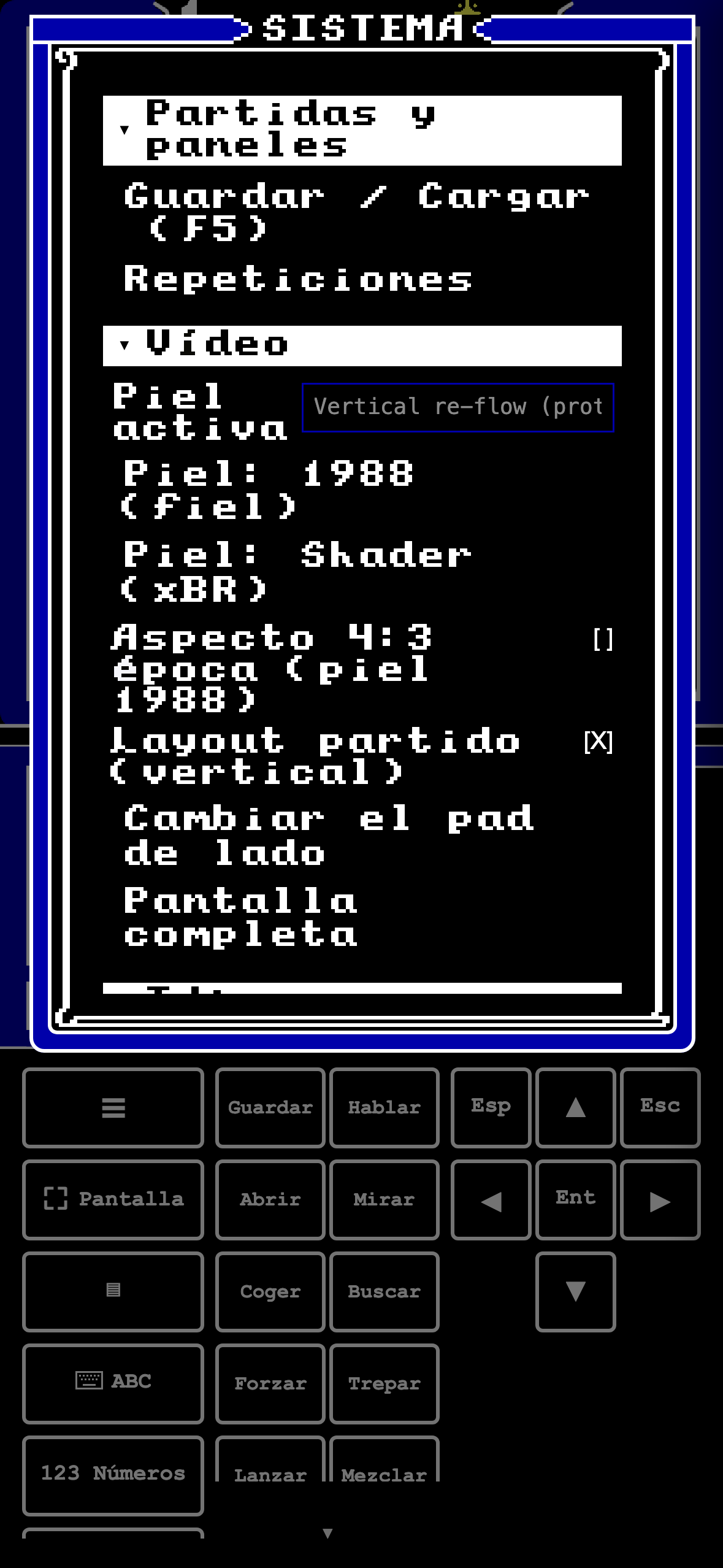 El deck con el menú SISTEMA abierto