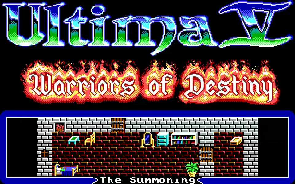 La pantalla de título de 1988: Ultima V, Warriors of Destiny en llamas, y The Summoning.